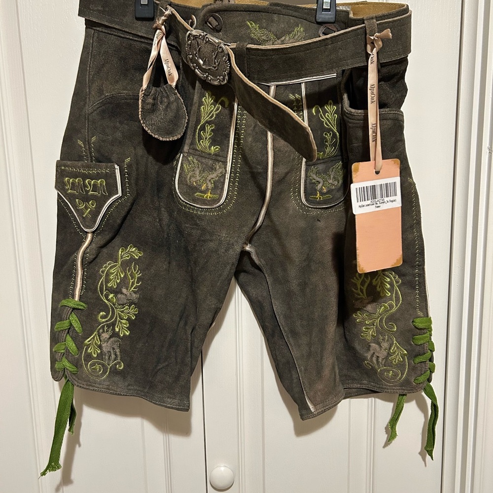 Traditional Brown Lederhosen with Green Embroidery